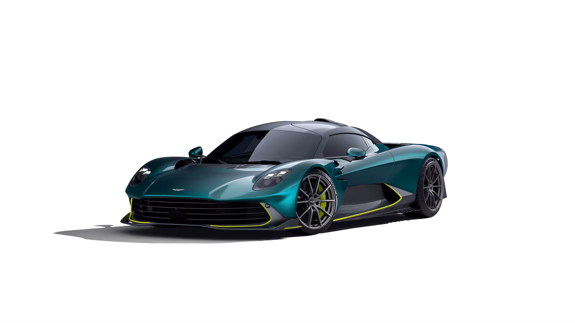 Green Aston Martin sports car with black roof and yellow accents, front angled view.