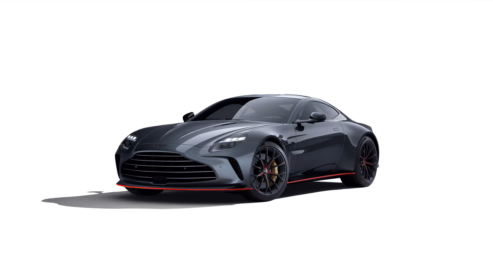 Dark gray luxury sports car with black wheels and red accents viewed from the front left.