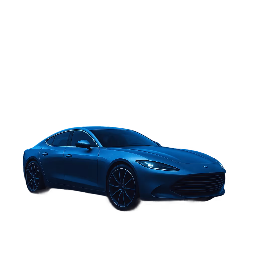 Blue luxury sports sedan with sleek aerodynamic design and modern headlights.